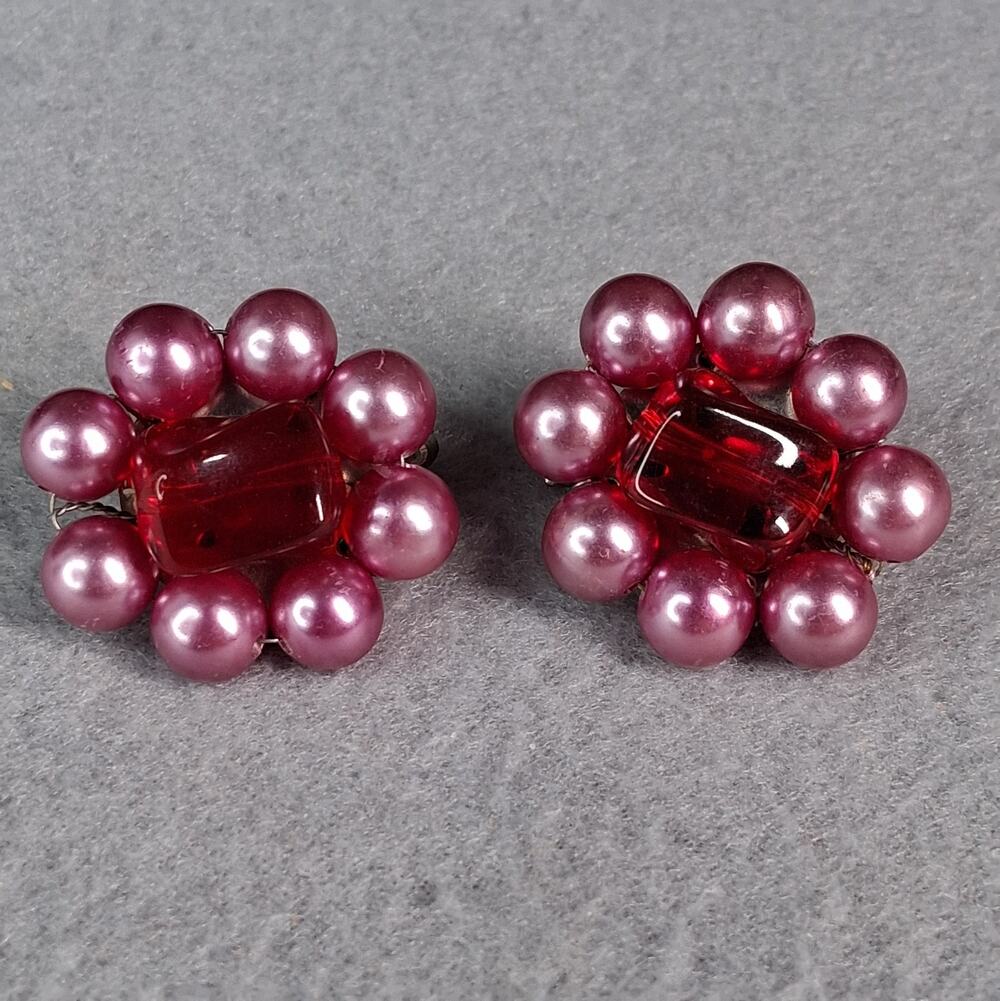 Vintage Clip-On Cluster Earrings Purple Red Acrylic Beads Japan